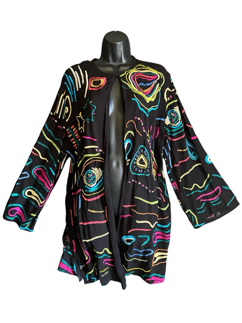 Laura Ashley | RARE Vintage 90s Sheer Black Embroidered Beaded Kimono Duster | M